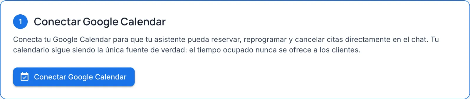 Primer paso de la página de Google Calendar en ChatPal, con el texto de explicación y el botón Conectar Google Calendar