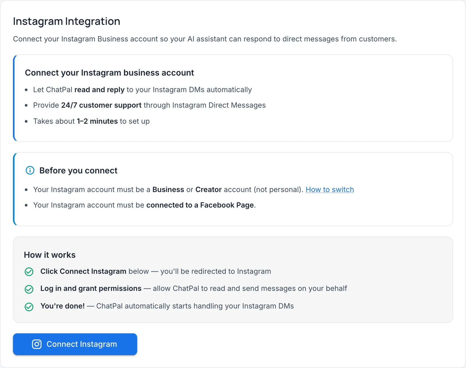 The Instagram Integration page with the requirements to connect and a blue Connect Instagram button