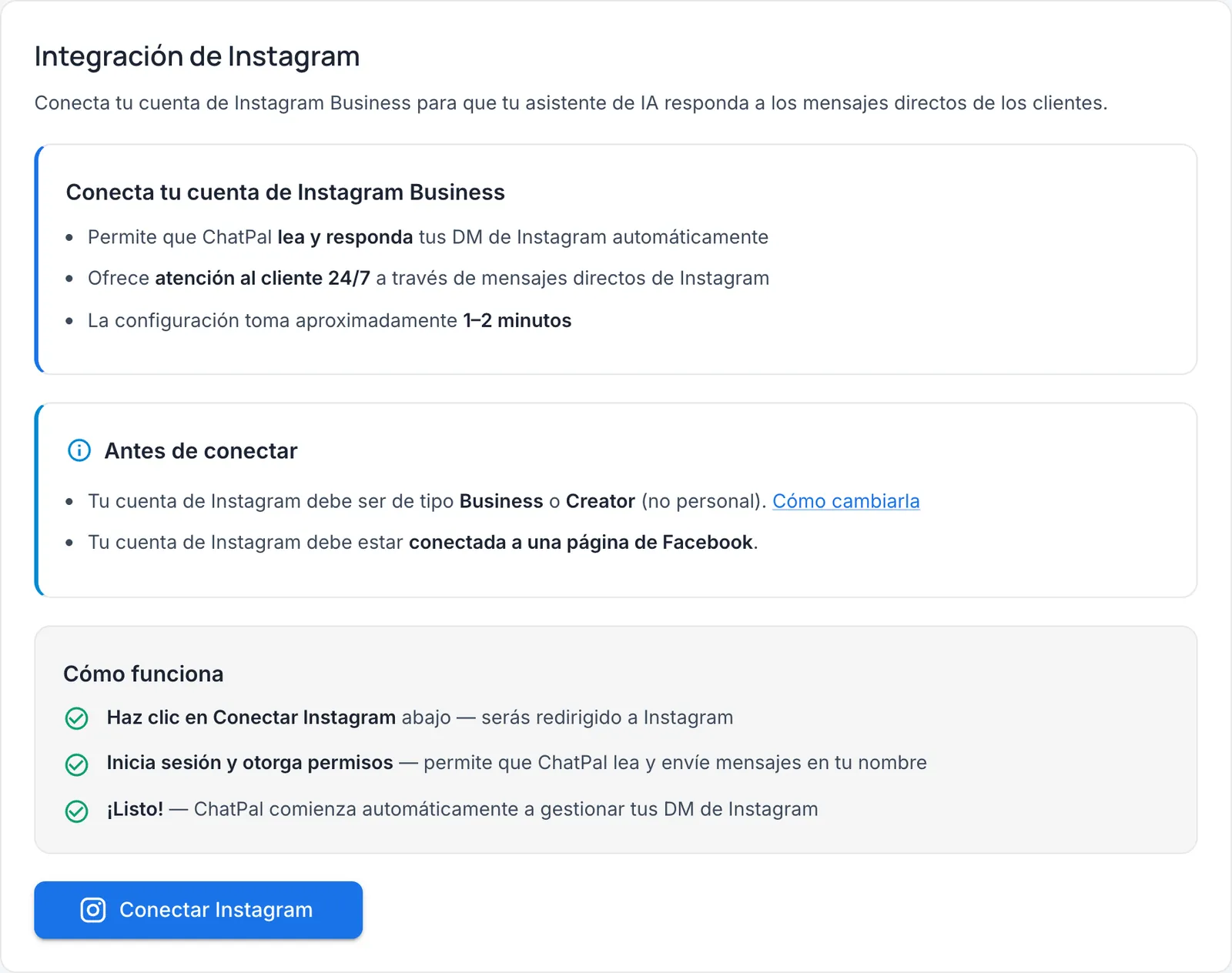 Pantalla Integración de Instagram con los requisitos antes de conectar, los pasos de Cómo funciona y el botón Conectar Instagram