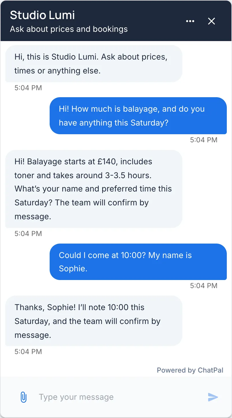 A client asks Studio Lumi how much balayage costs and whether there is time on Saturday, and gets the price and a request for her name and preferred time