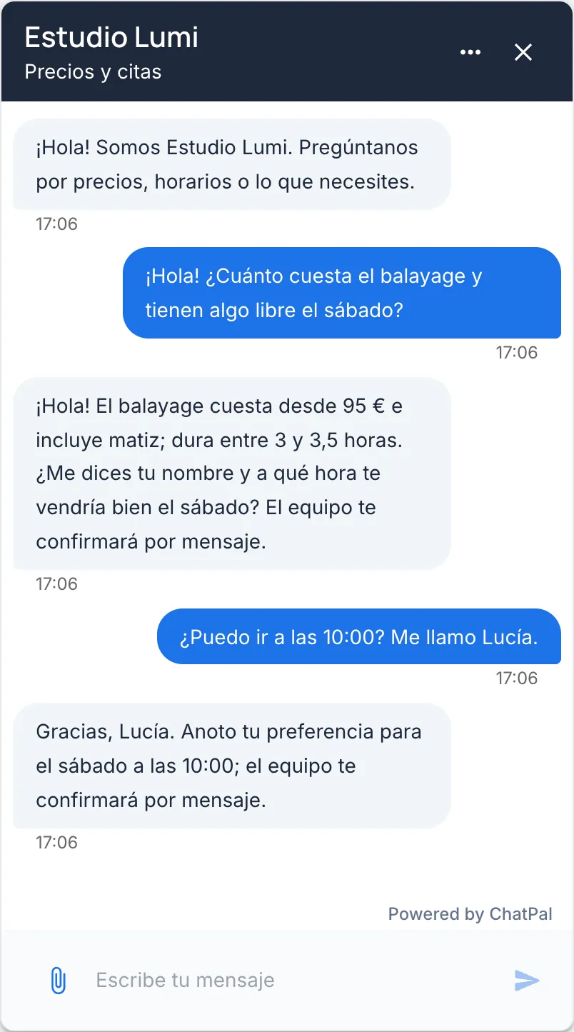 Una clienta pregunta a Estudio Lumi cuánto cuesta un balayage y si hay disponibilidad el sábado, y recibe el precio y una pregunta por su nombre y la hora que prefiere