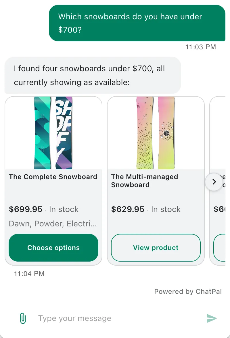 A shopper asks which snowboards cost under $700 and gets product cards with current prices and stock