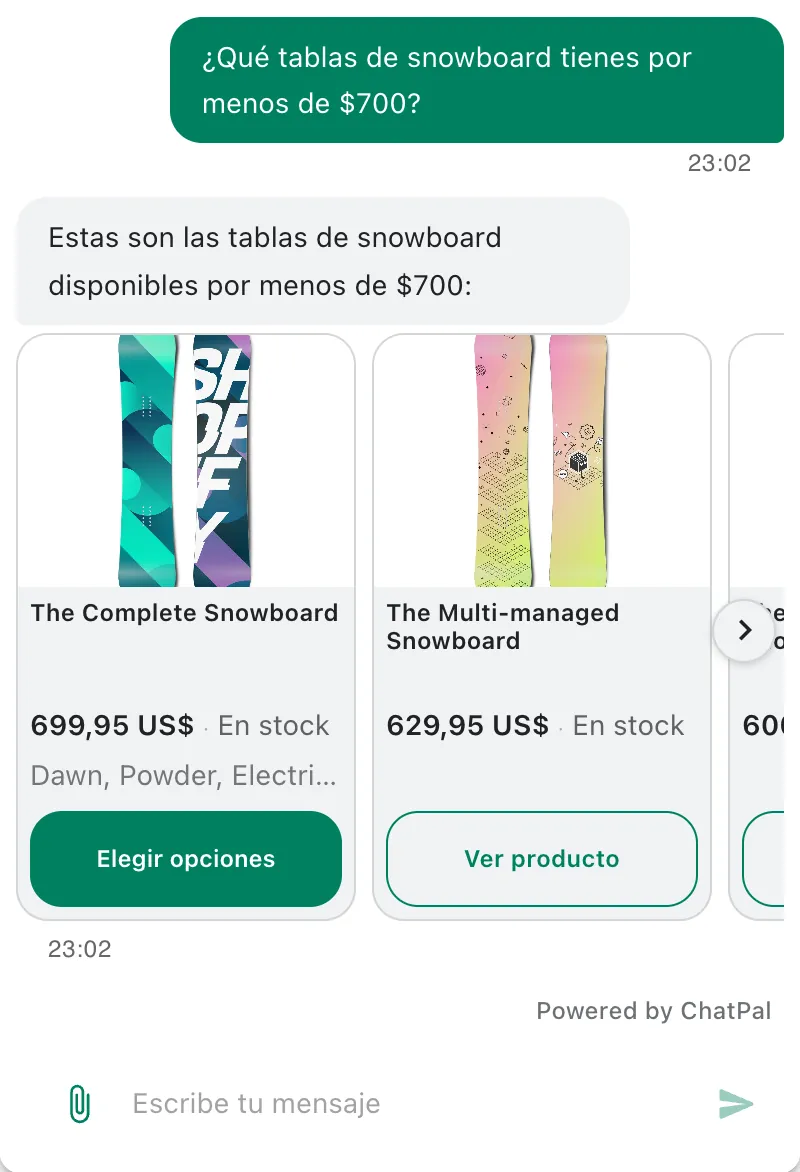 Un cliente pregunta qué tablas de snowboard hay por menos de 700 $ y recibe tarjetas de producto con precios y stock actuales