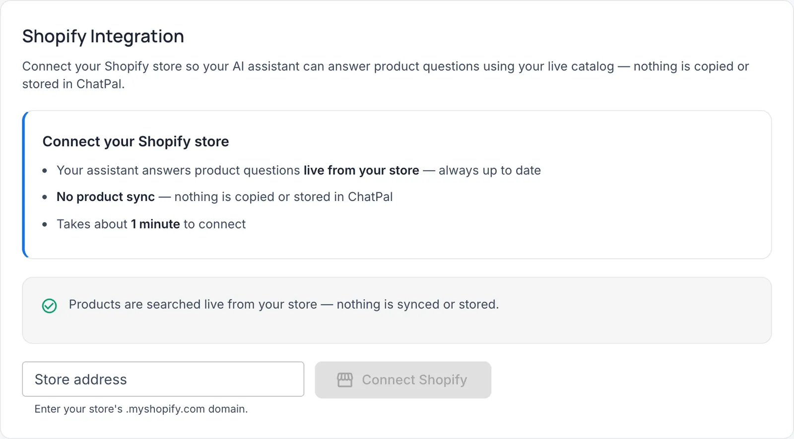 The Shopify integration page with a Store address field and a Connect Shopify button