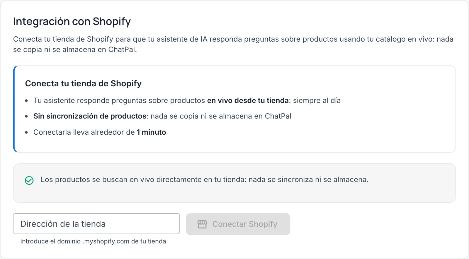 Página de integración con Shopify en el panel de ChatPal, con el campo Dirección de la tienda y el botón Conectar Shopify