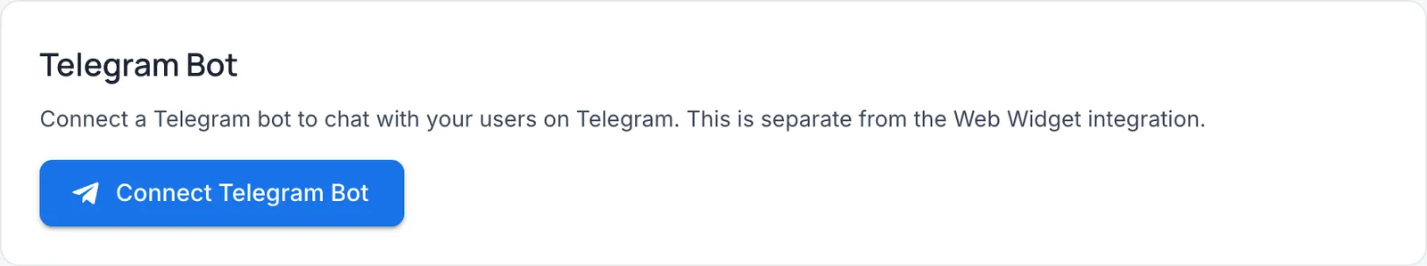 The Telegram Bot card in the ChatPal dashboard, with a Connect Telegram Bot button