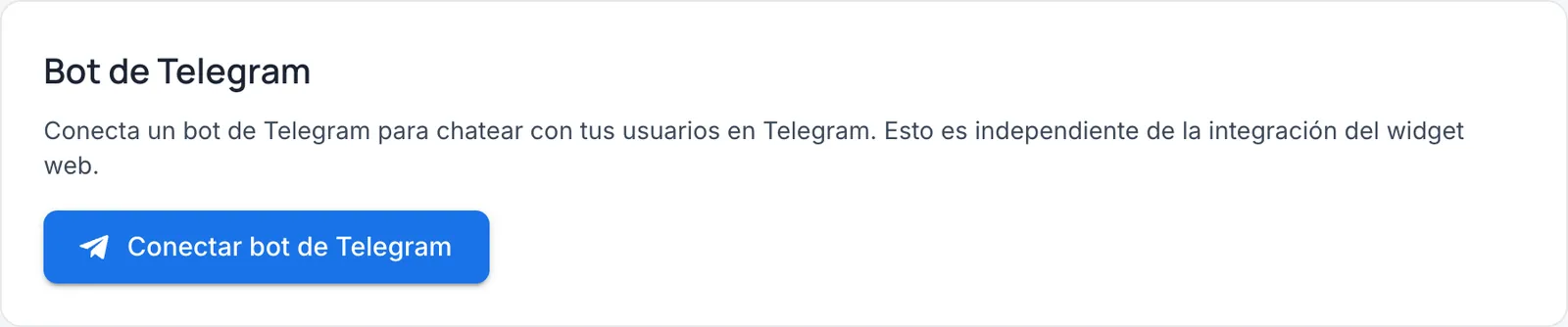 Tarjeta Bot de Telegram con el texto de ayuda y el botón Conectar bot de Telegram