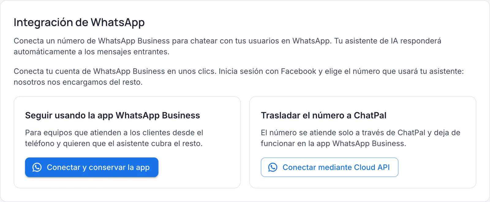 Pantalla de conexión de WhatsApp en ChatPal con los botones Conectar y conservar la app y Conectar mediante Cloud API